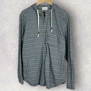 Lucky Brand Striped Hoodie Mens Size Large Grey White Button Front Drawstring L